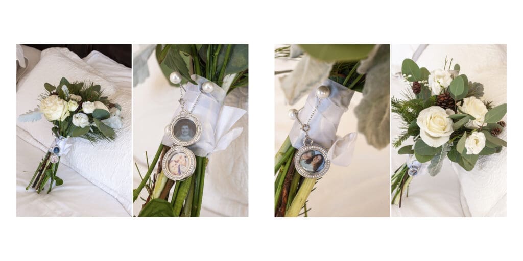 close ups of lockets holding images of lost loved ones on bouquet steams