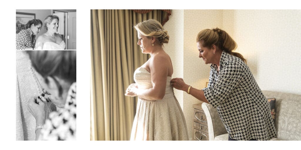 bride being zipped up by mother