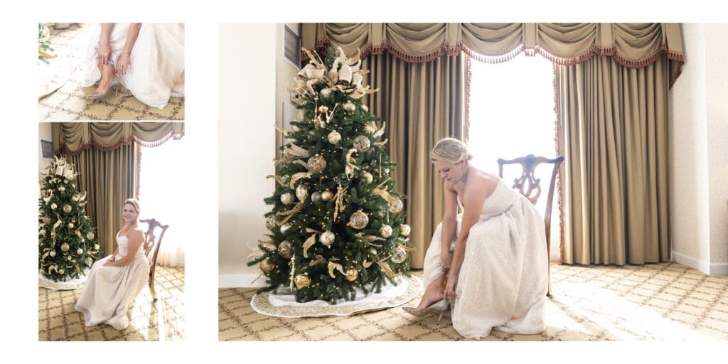 wide image of bride sitting and putting on shoes
