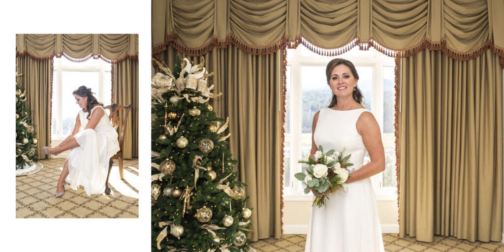 wide image of bride in chair putting on shoes, and bride standing holding bouquet 