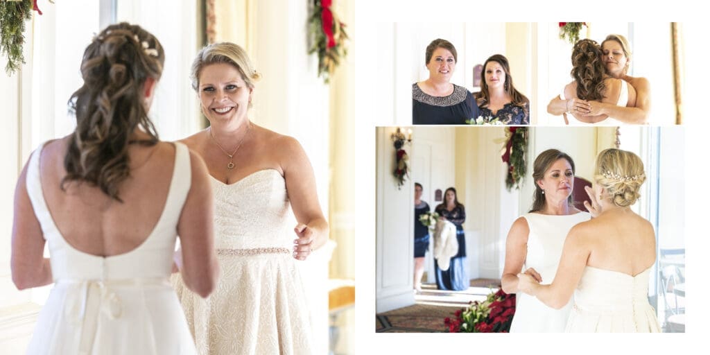 collage of close ups of brides first look and friends reactions