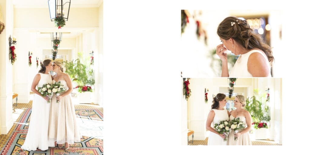 wide image of brides embracing, and close image of bride wiping tears