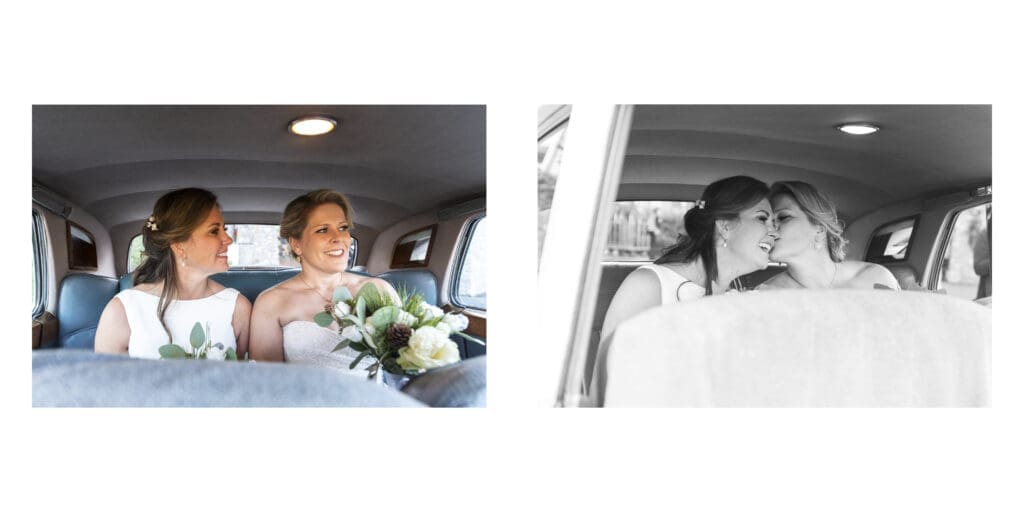close up of brides kissing from inside car