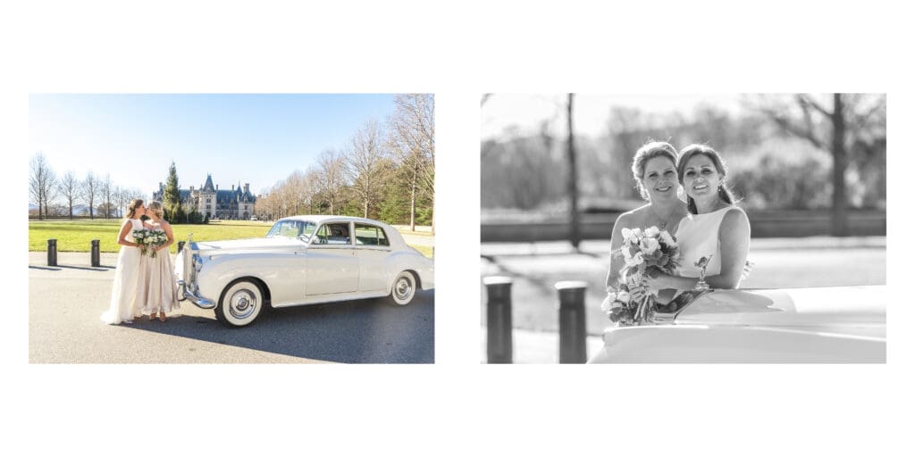 Brides standing by vintage rolls-royce on the front lawn of Biltmore Estate