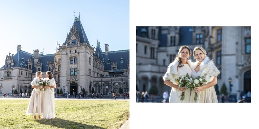 wide and close up of Brides looking at camera while standing on the front lawn of Biltmore Estate 