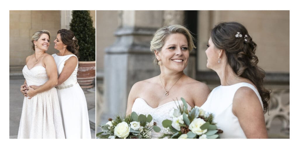 close up of brides looking at each other