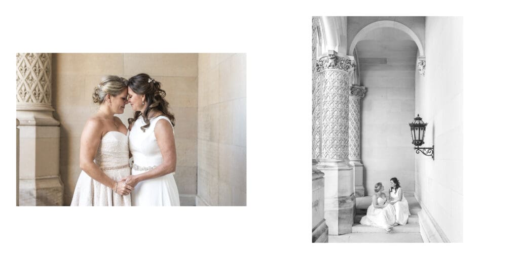 wide image of brides sitting next to each other featuring the architecture of the biltmore estate
