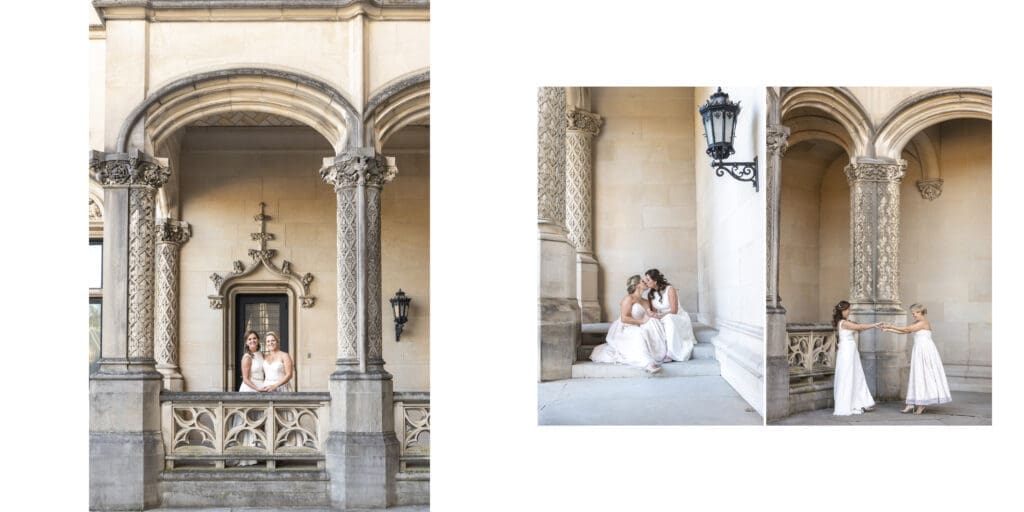 wide image of brides sitting next to each other featuring the architecture of the biltmore estate