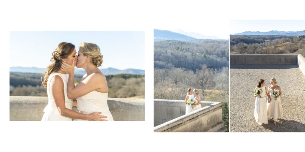 close up of Brides standing on the south terrace kissing with the blue ridge mountains in the background