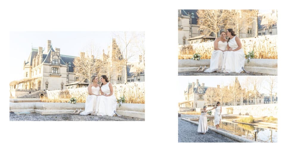 brides sitting next to each other on the edge of the coy ponds in the italian gardens with biltmore estate in the background