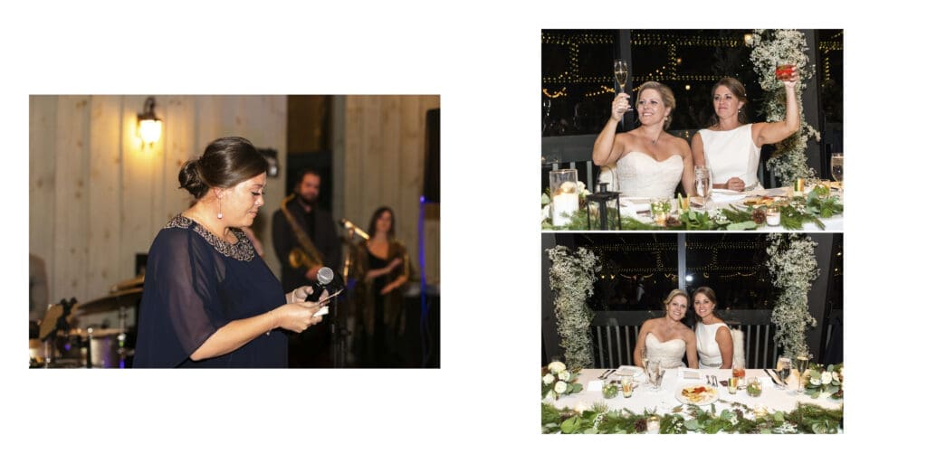 brides sitting at table holding wine glasses up during the toasts
