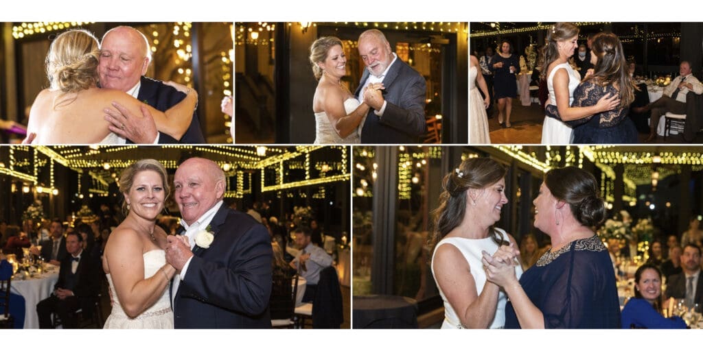 wide image of brides dancing with their mothers and guests sitting at tables in the background