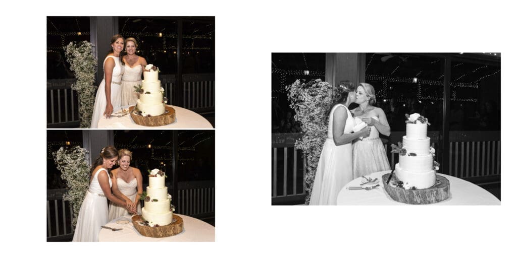 brides happily cutting wedding cake