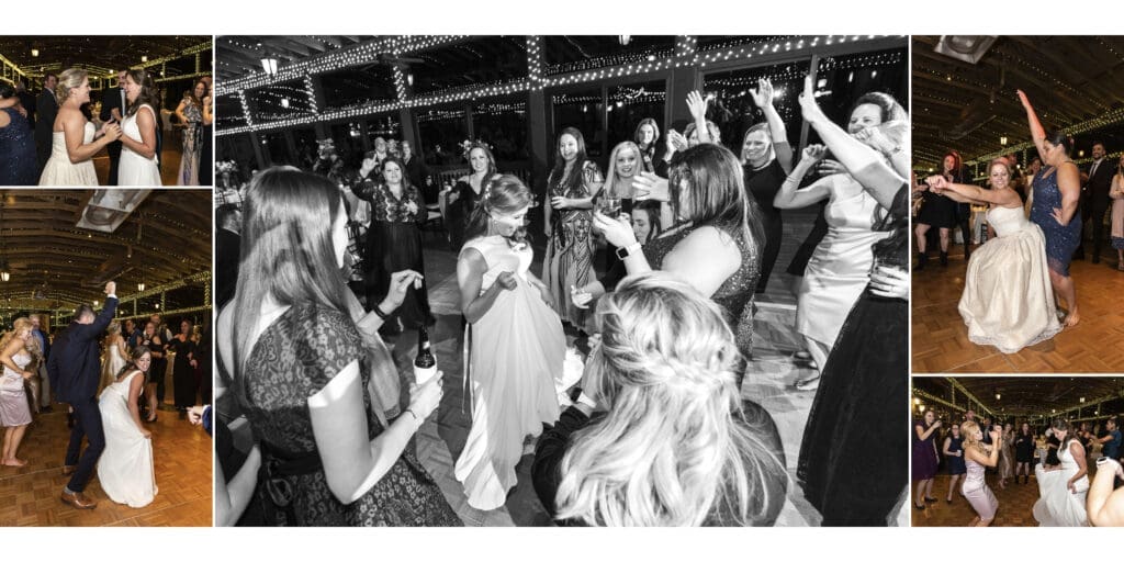 collage of reception images of brides and guests dancing