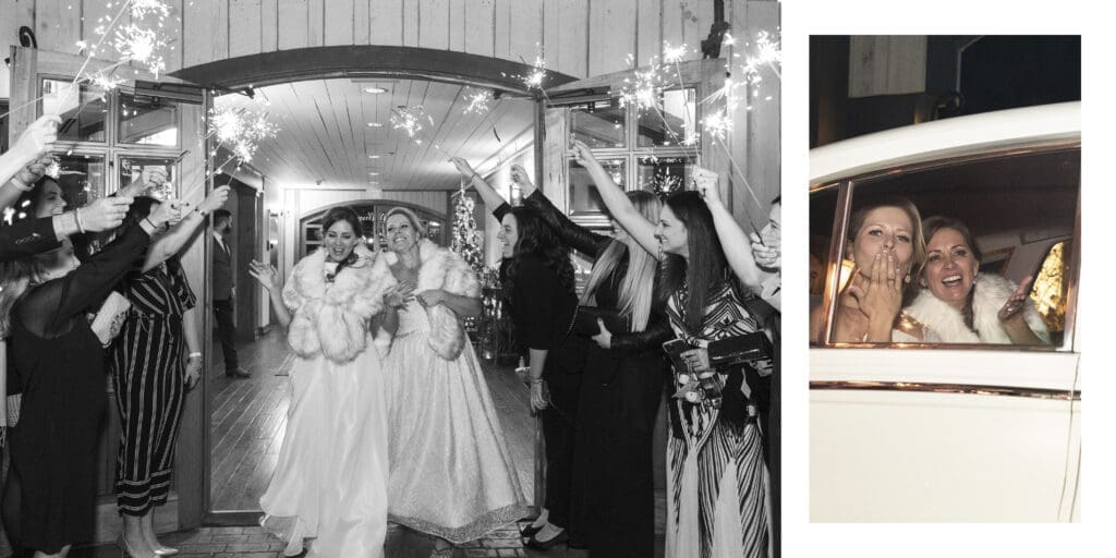 Brides walking through sparkler exit of Lioncrest at Biltmore estate