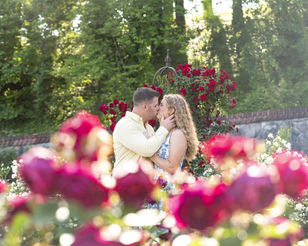 couple kissing in Biltmore rose garden