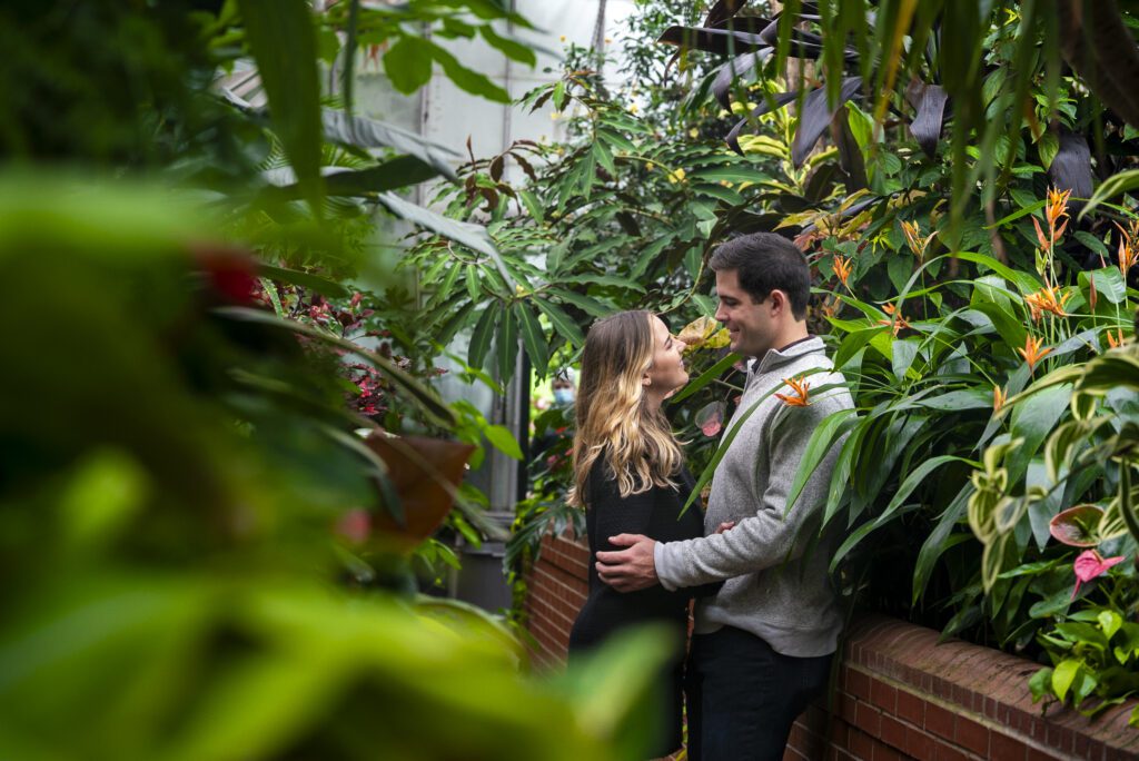 engaged couple embracing and kissing in the Biltmore Estate conservatory