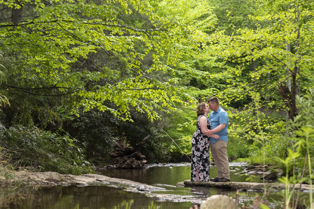 couple standing on rock in Biltmore estate bass pond kissing