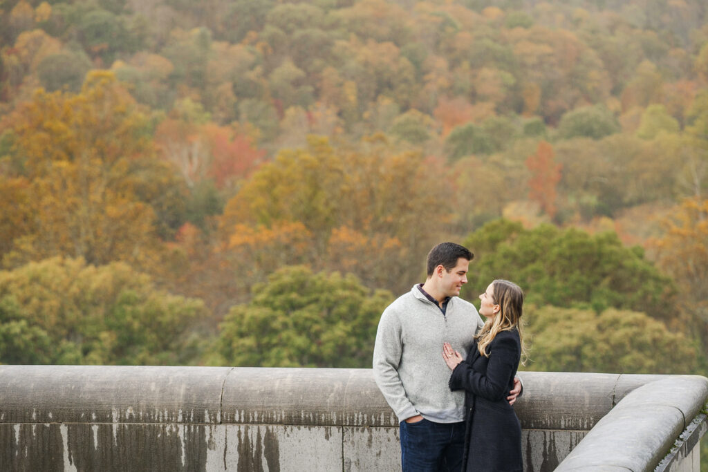 quiet luxury couple enagagement session at Biltmore session. Standing on south lawn with mountains of orange fall colored trees in background