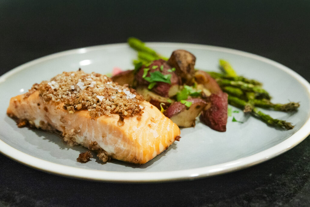 reception food at Weaver House wedding venue. salmon and asparagus