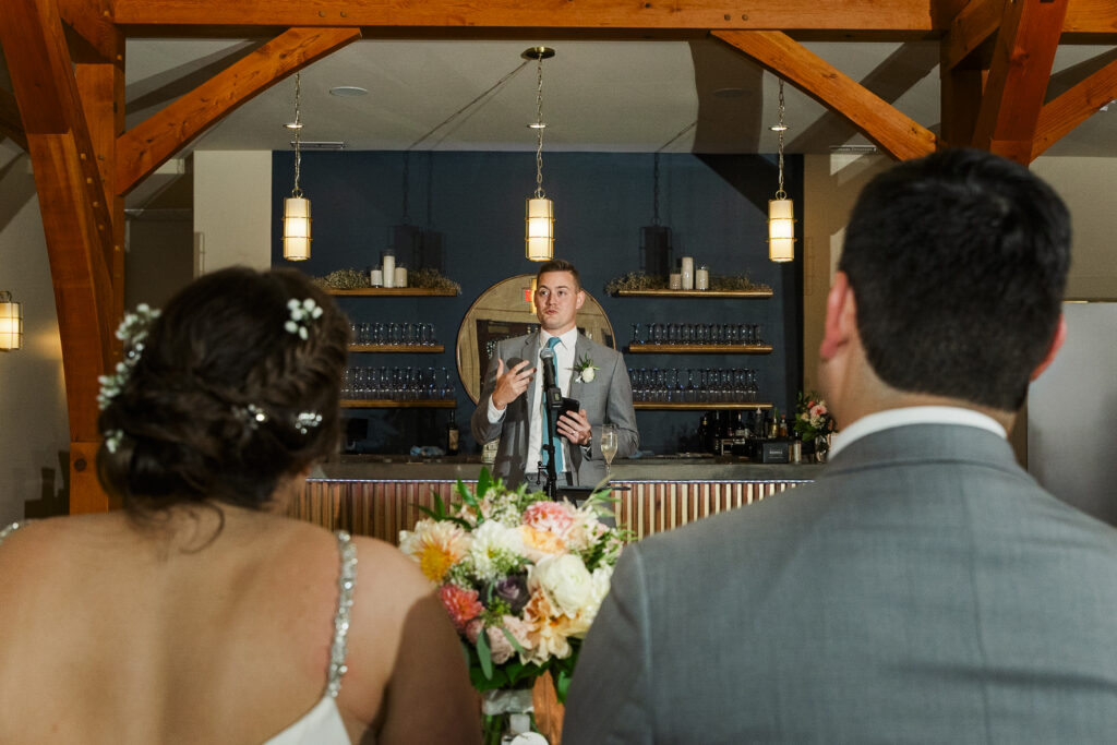 groom's brother giving a toast framed by the bride and groom. you see much of the room decor