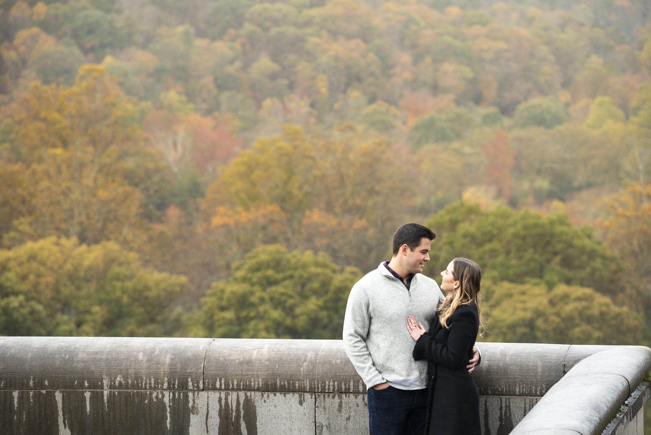 quiet luxury couple enagagement session at Biltmore session. Standing on south lawn with mountains of orange fall colored trees in background