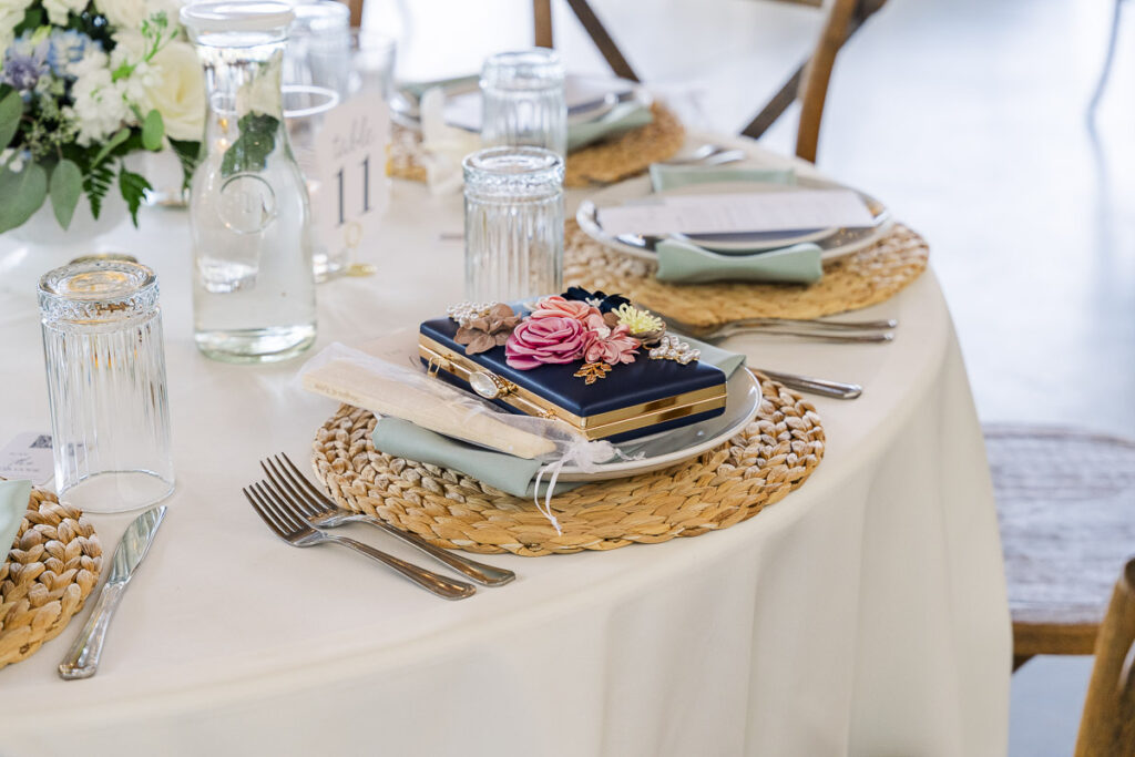 close up of guest's purse of reception place setting